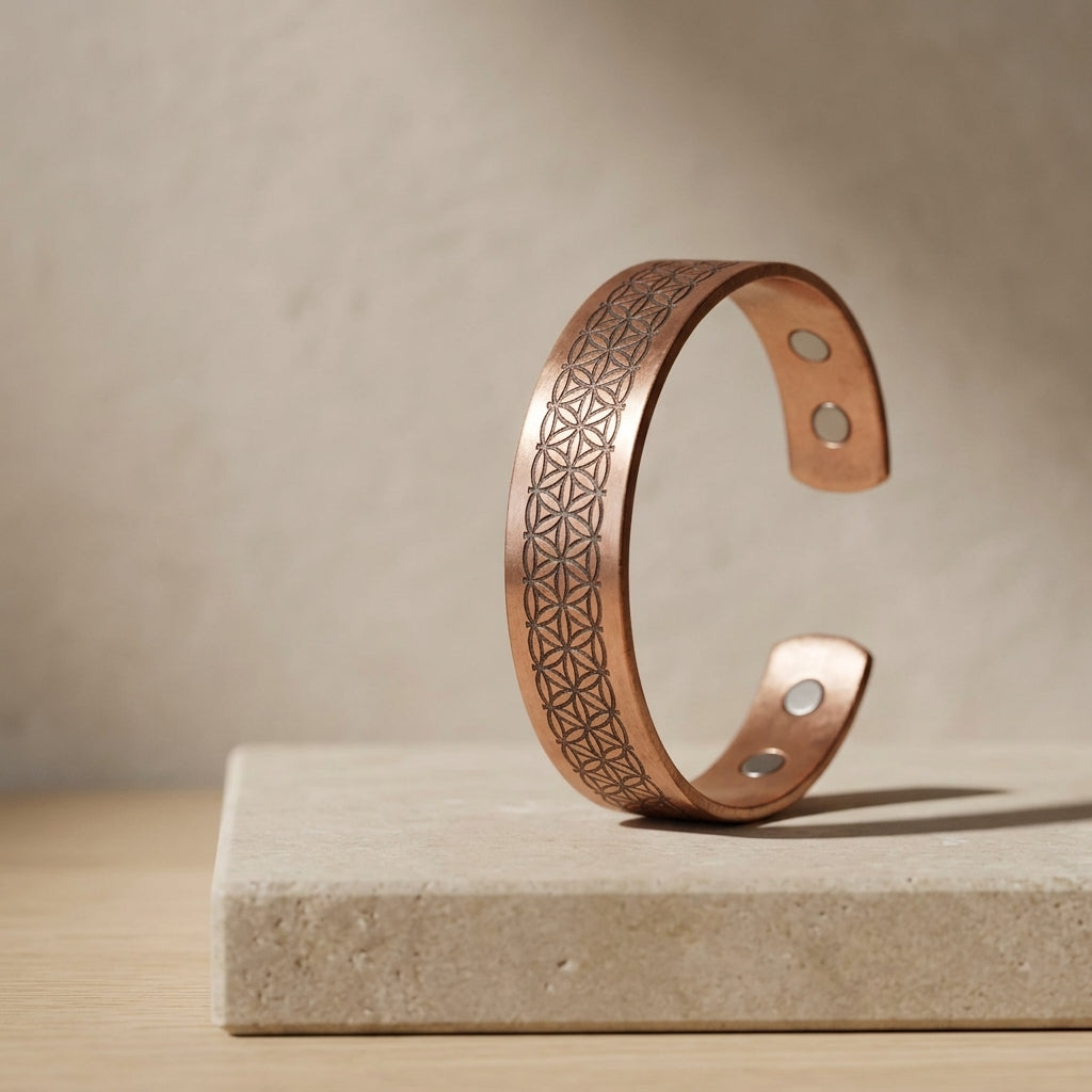 Flower of Life Engraved Magnetic Copper Cuff Bracelet
