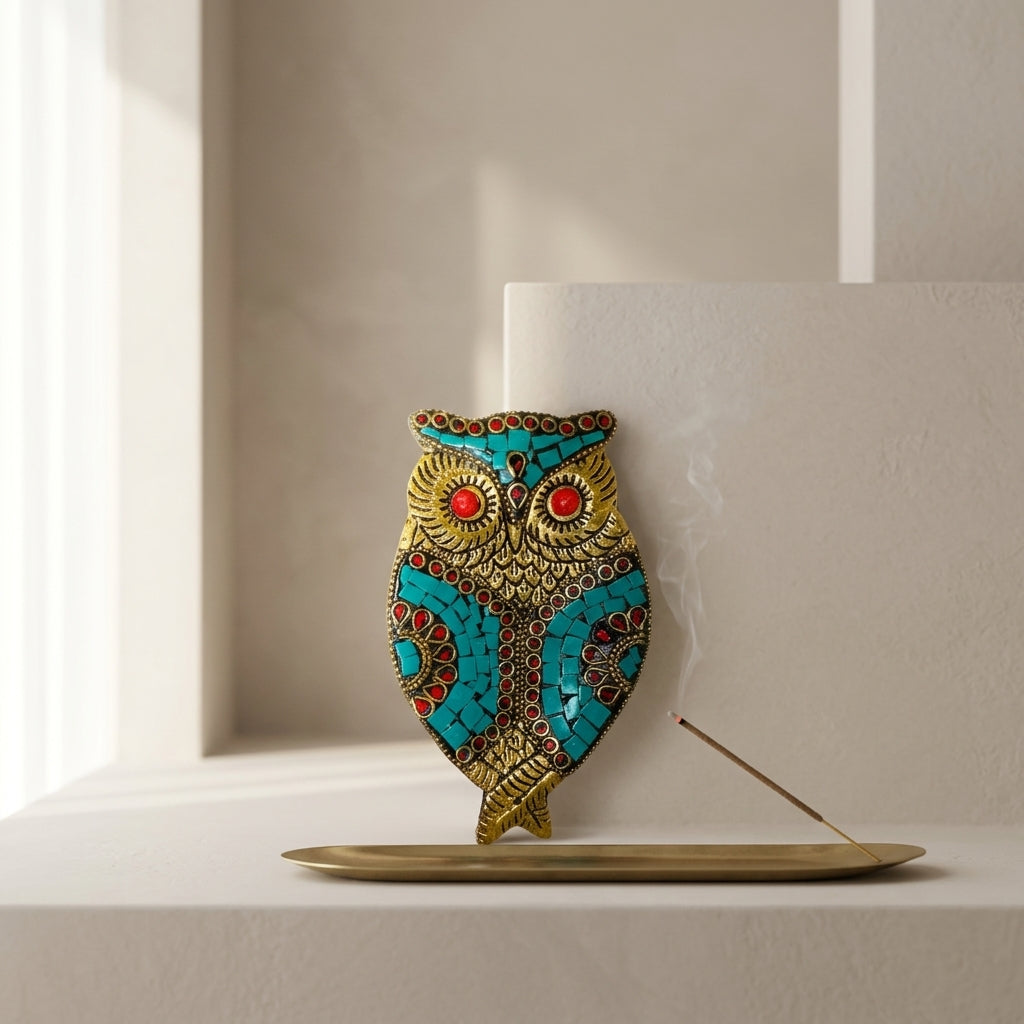 Jeweled Owl Incense Holder – Turquoise Mosaic & Coral Red Spiritual Decor