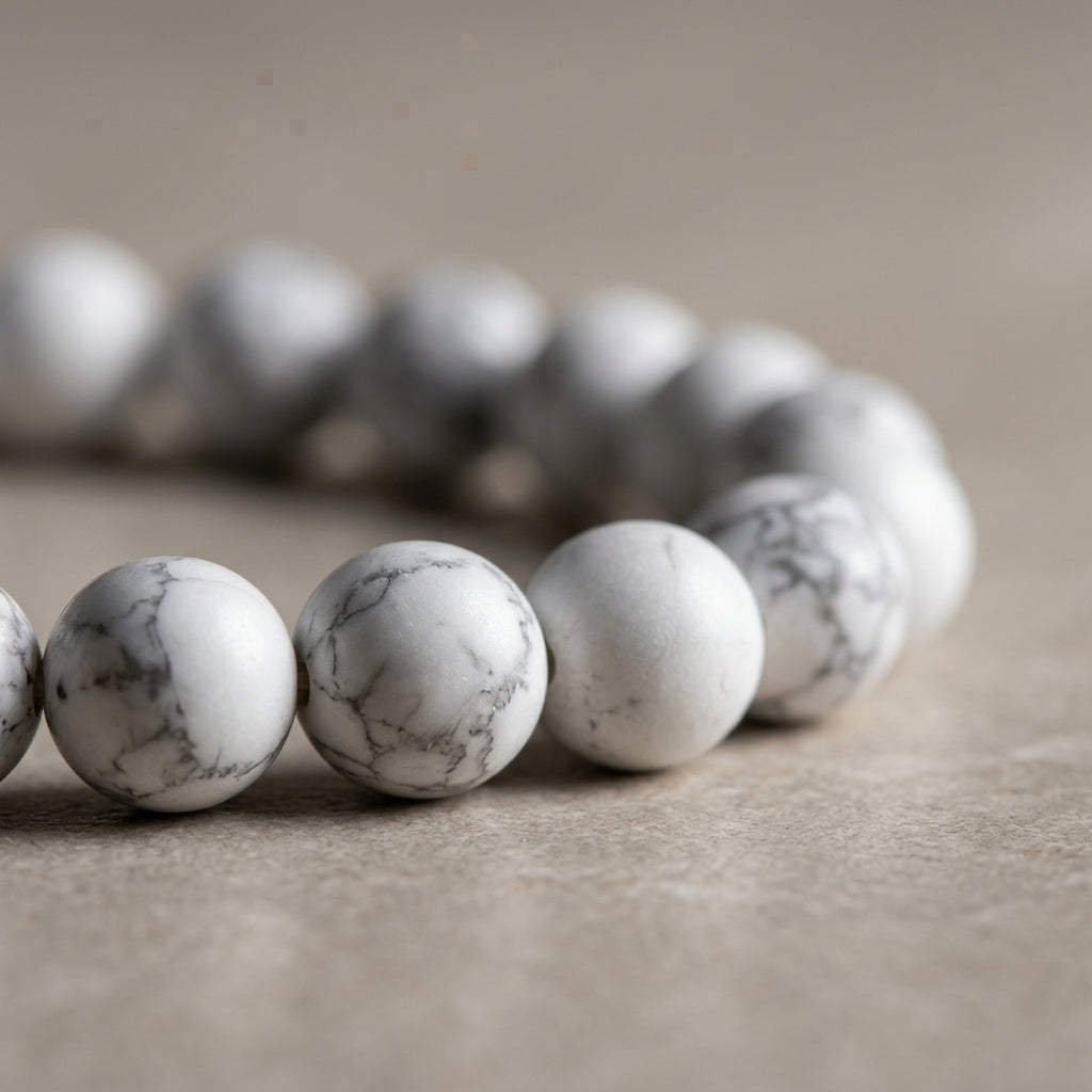 Natural White Howlite Beaded Stretch Bracelet | Genuine White Turquoise Marble Gemstone Beads | Unisex Crystal Healing Jewelry for Anxiety Relief, Calm, & Crown Chakra