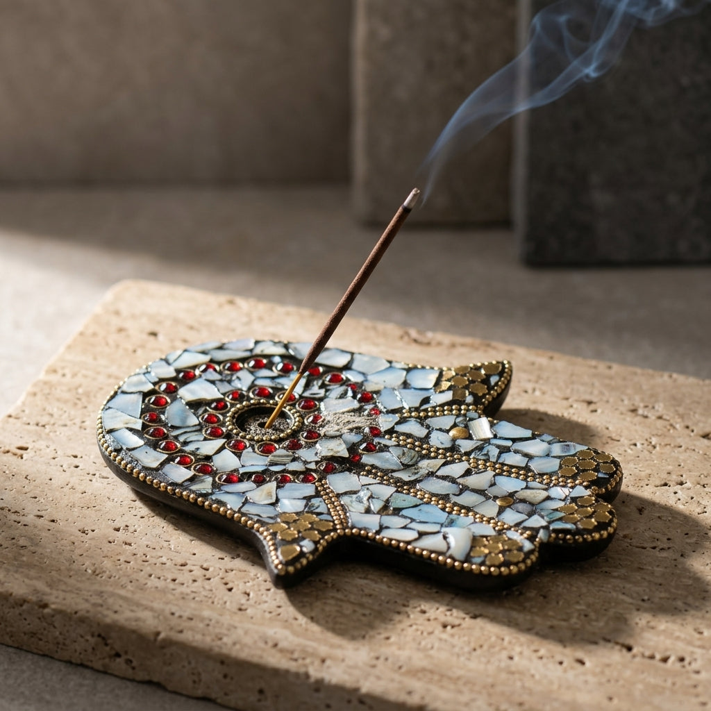 Mosaic Hamsa Hand Incense Holder – Mother of Pearl & Gold Spiritual Decor