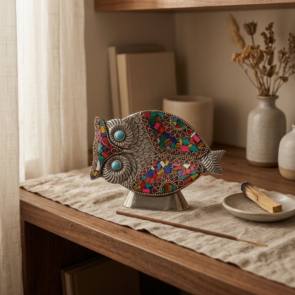 Jeweled Owl Incense Holder – Multicolor Mosaic & Turquoise Spiritual Decor
