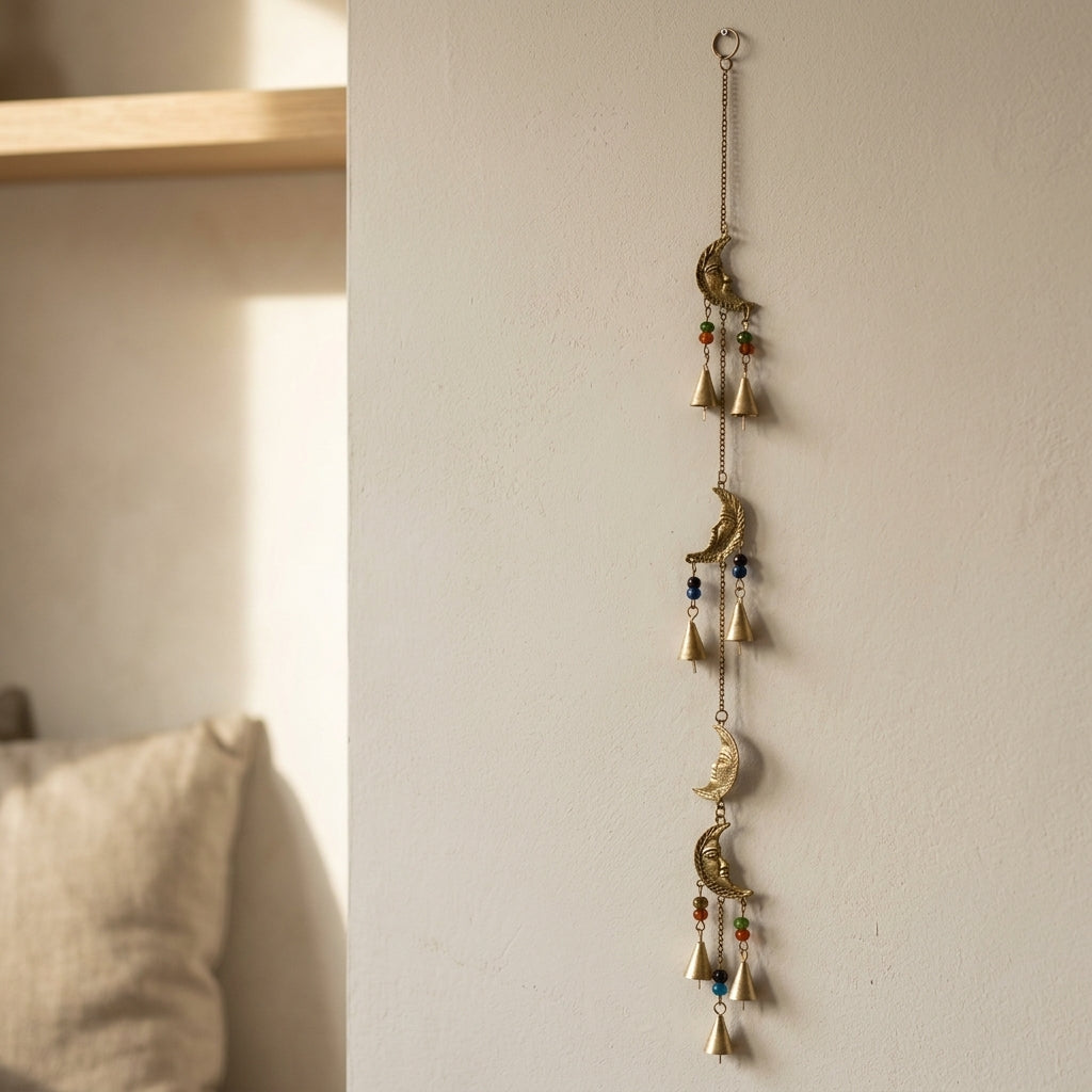Crescent Moon Phase Wall Hanging with Chimes & Beads | Witchy Boho Decor