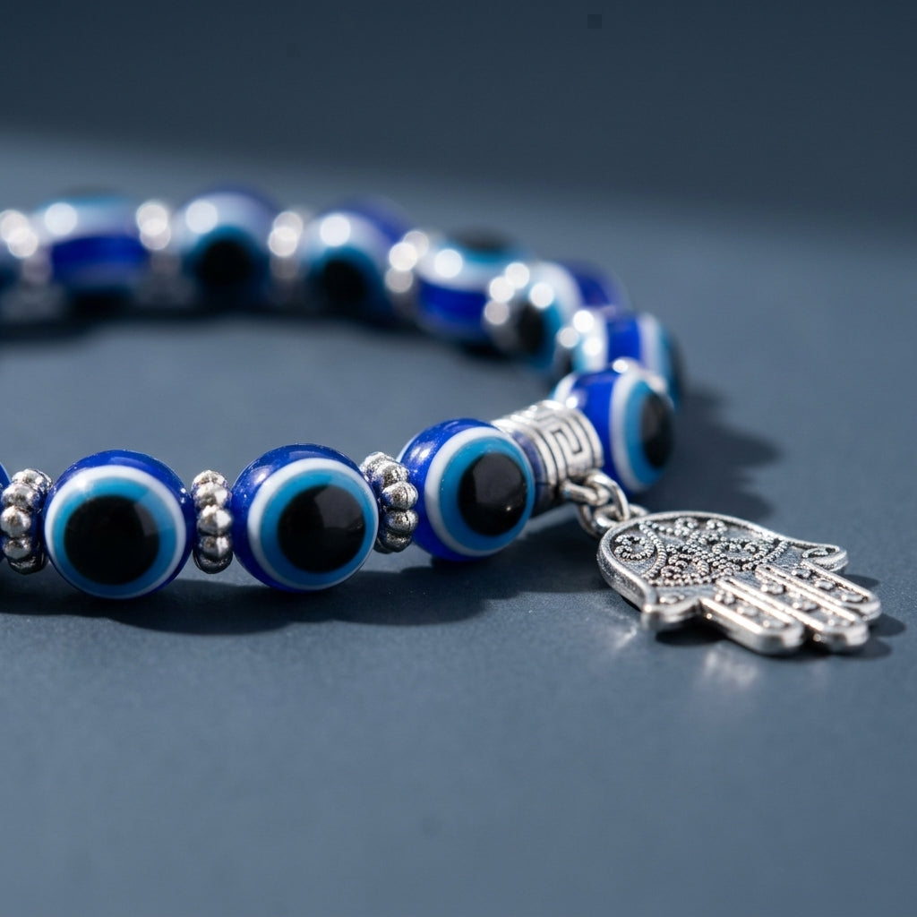 Handmade Blue Evil Eye & Hamsa Hand Charm Beaded Bracelet | Protection & Good Fortune Jewelry