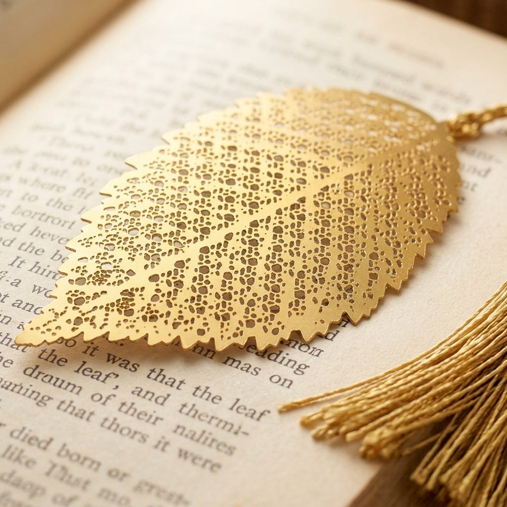Handcrafted Gold Metal Leaf Bookmark with Tassel