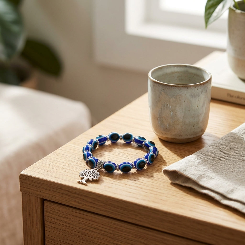 Handmade Blue Evil Eye & Tree of Life Charm Beaded Bracelet | Grounding & Protection Jewelry