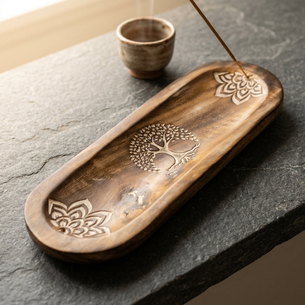 Handcarved Tree of Life & Lotus Wooden Incense Burner Tray | Ash Catcher Holder