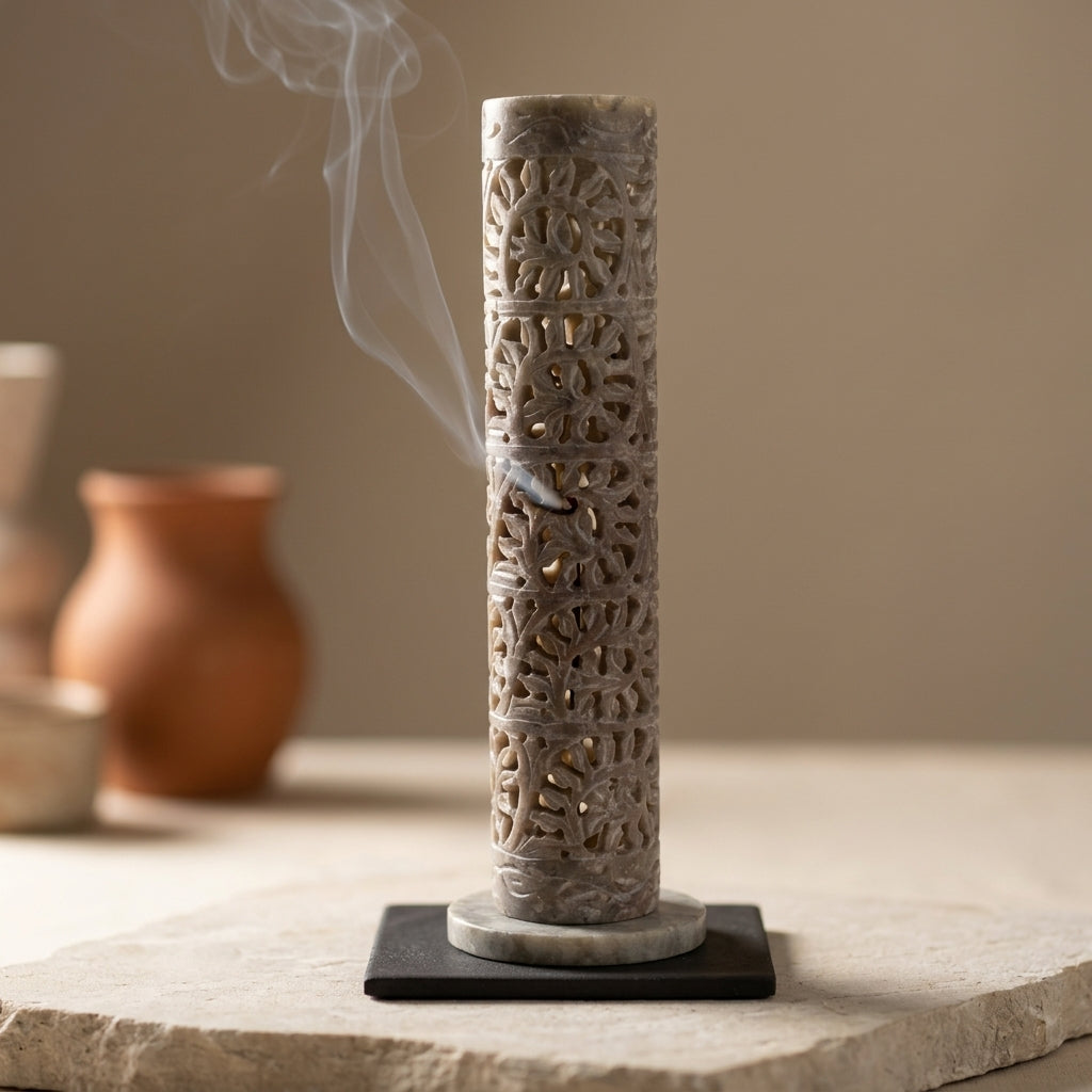 Handcrafted Carved Soapstone Incense Tower & Ash Catcher