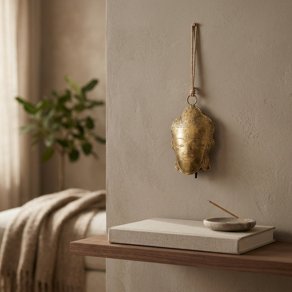 Gold Buddha Face Wall Hanging Bell | Zen & Mindfulness Home Decor