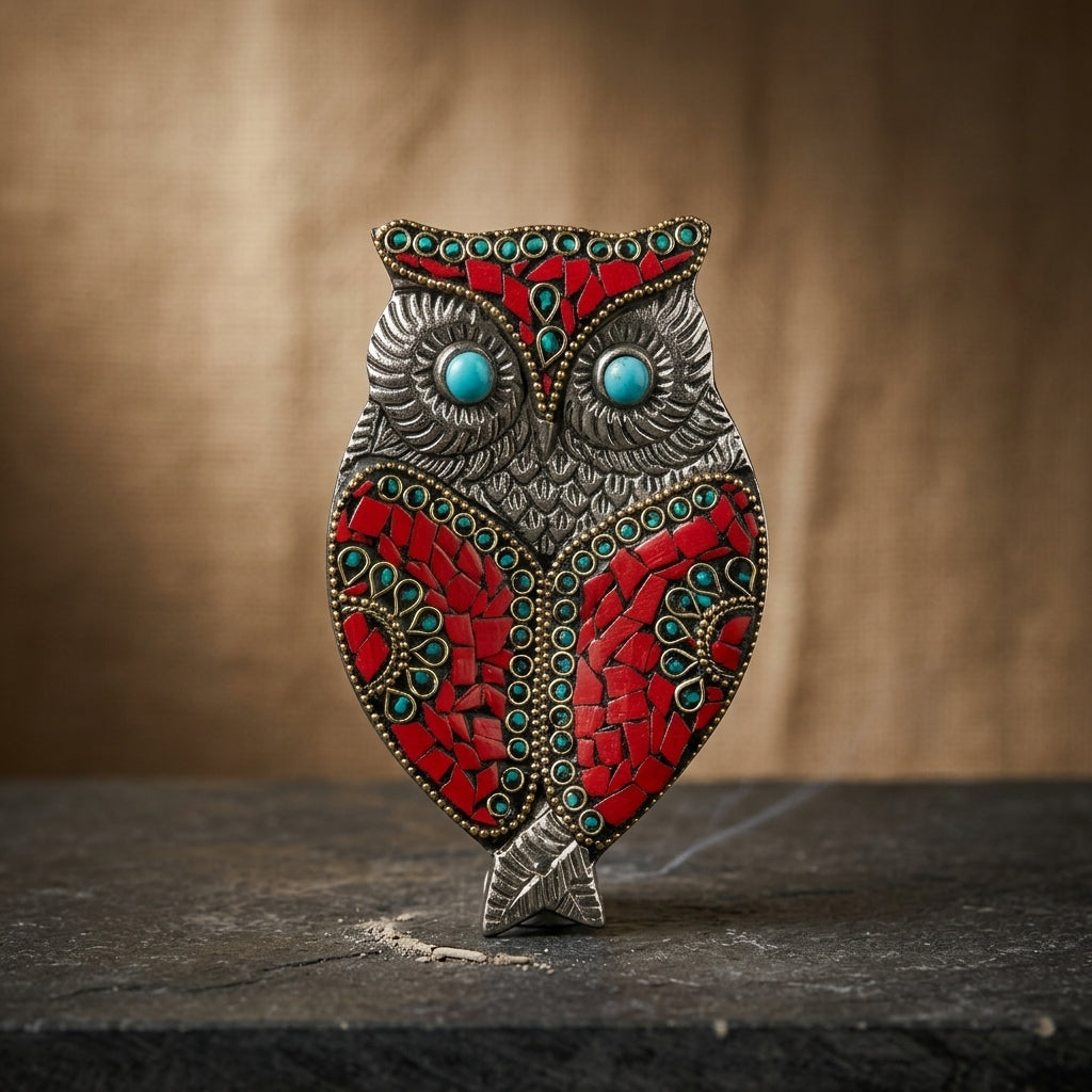 Jeweled Owl Incense Holder – Red Mosaic & Turquoise Spiritual Decor