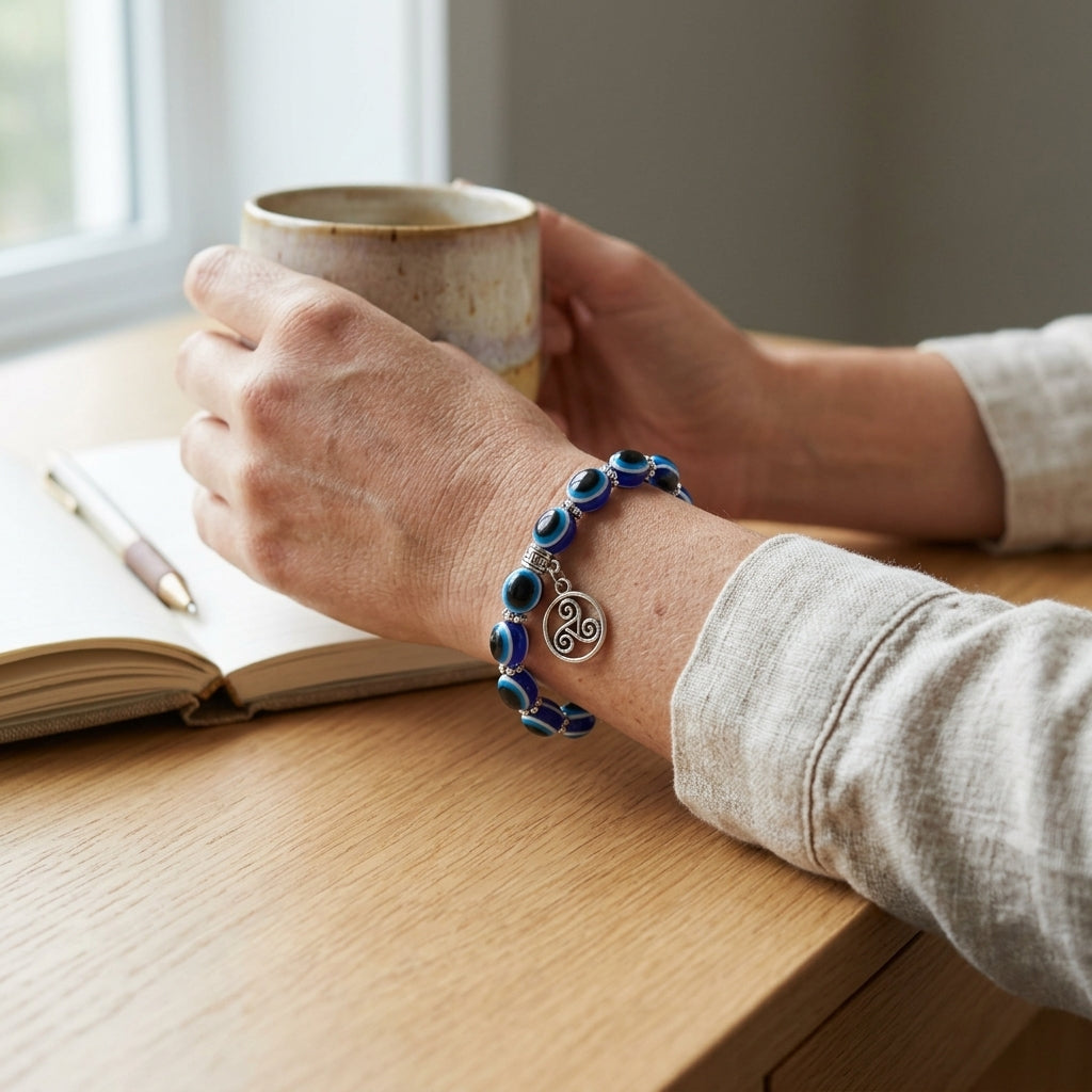 Handmade Blue Evil Eye & Triskele Charm Beaded Bracelet | Protection & Good Fortune Jewelry