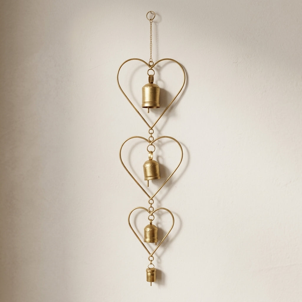 3-Tier Vintage Brass Heart Hoop Wind Chime – Rustic Bell Hanging