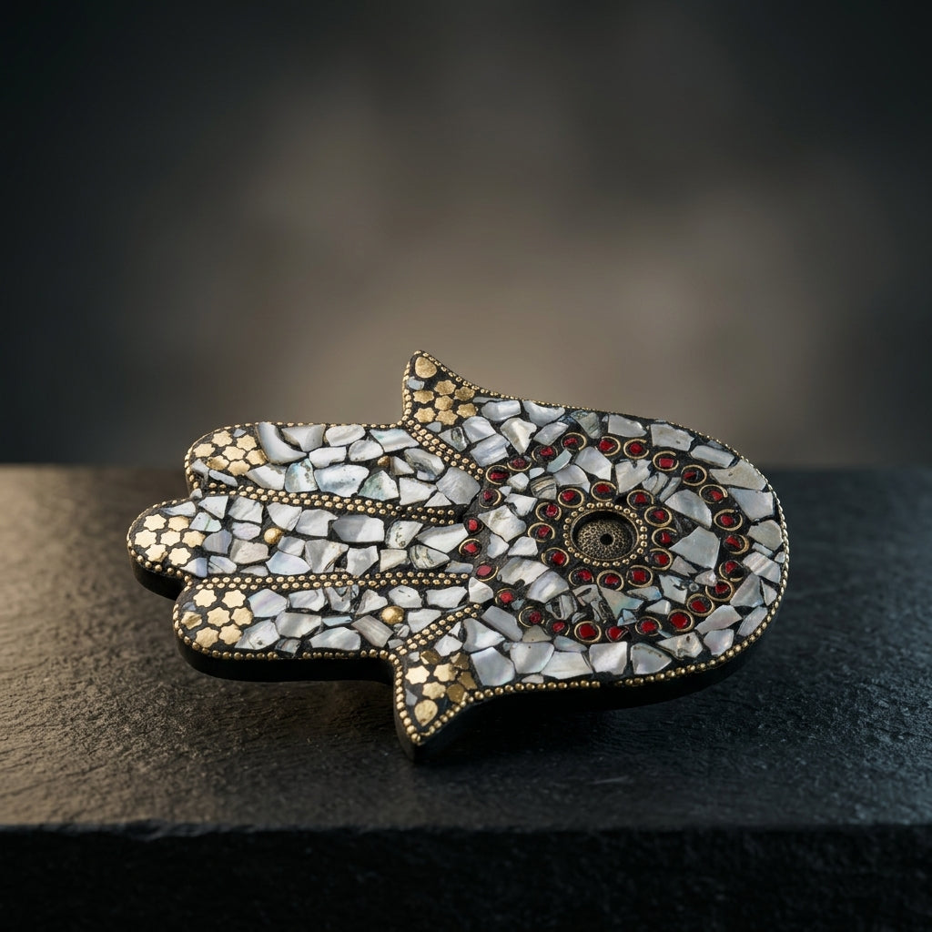 Mosaic Hamsa Hand Incense Holder – Mother of Pearl & Gold Spiritual Decor
