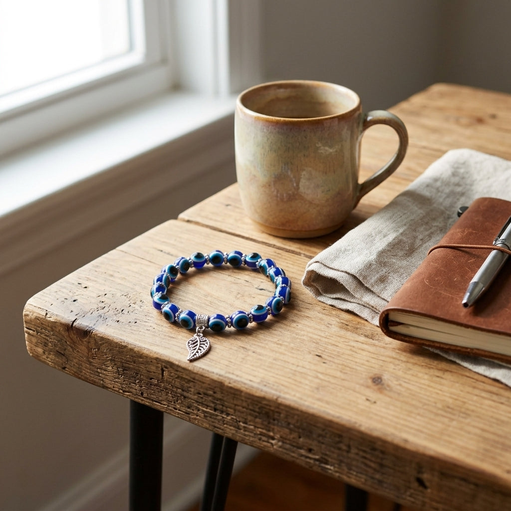 Handmade Blue Evil Eye & Leaf Charm Beaded Bracelet | Nature-Inspired Protection Jewelry
