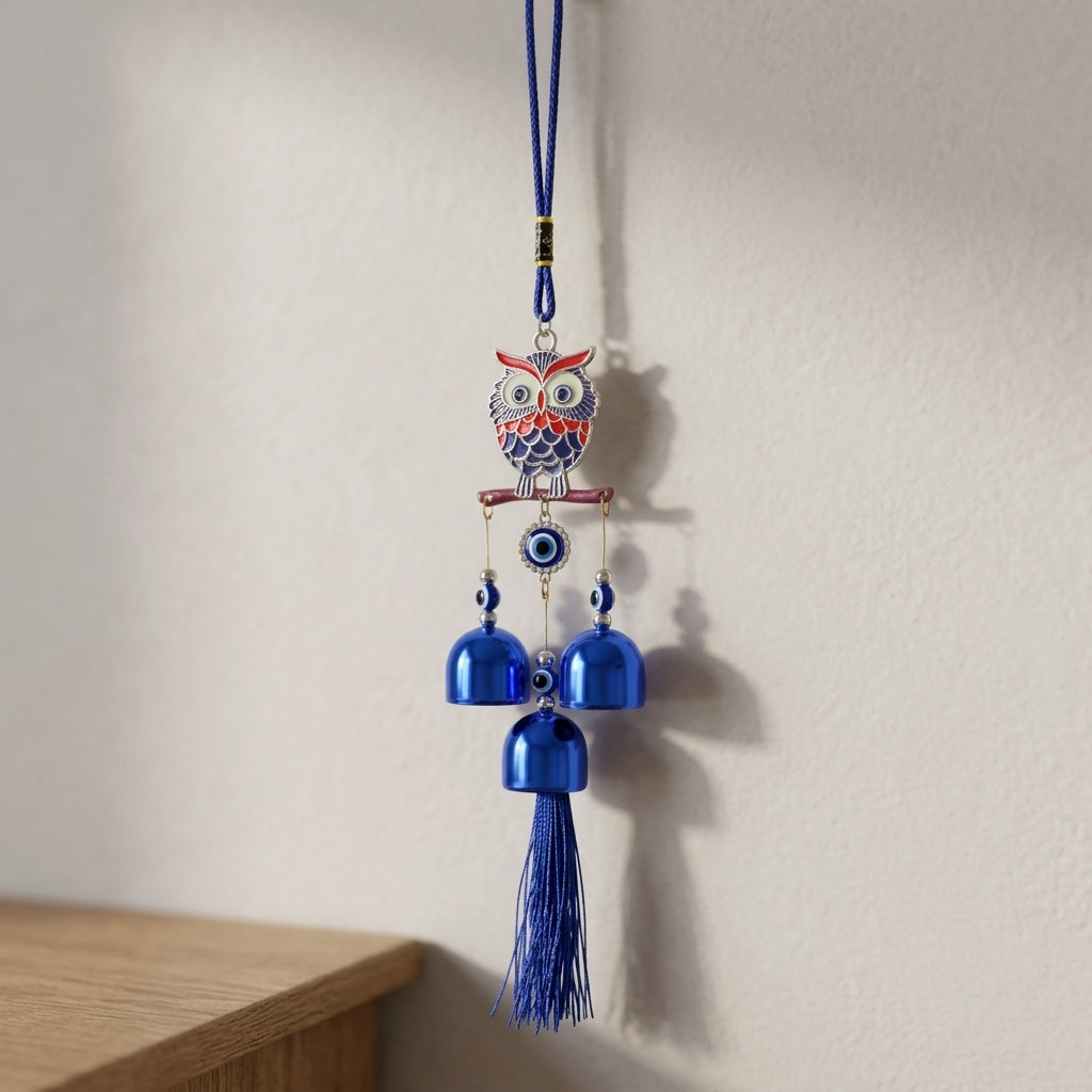 Wise Owl Enamel & Evil Eye Wall Hanging Wind Chime | Blue Metallic Bells & Tassel