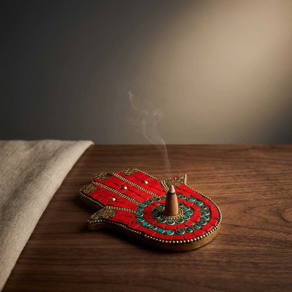 Mosaic Hamsa Hand Incense Holder – Red & Gold Sacred Protection Decor