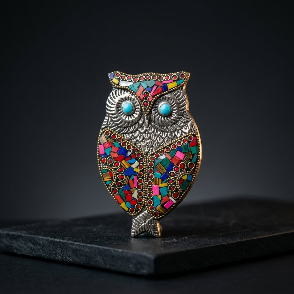 Jeweled Owl Incense Holder – Multicolor Mosaic & Turquoise Spiritual Decor