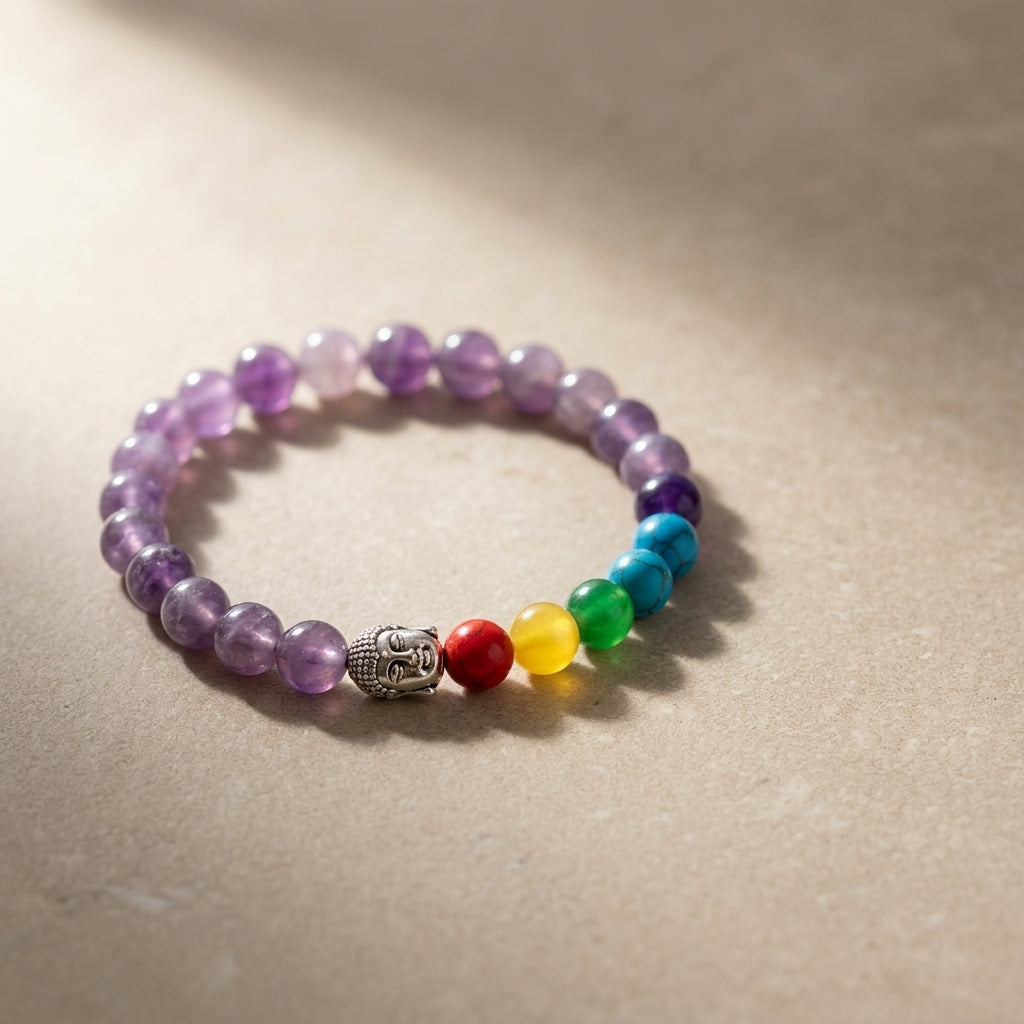 Natural Amethyst 7 Chakra Buddha Bracelet | Genuine Purple Quartz Healing Beads with Silver Buddha Head | Unisex Spiritual Jewelry for Calming, Mindfulness, & Peace