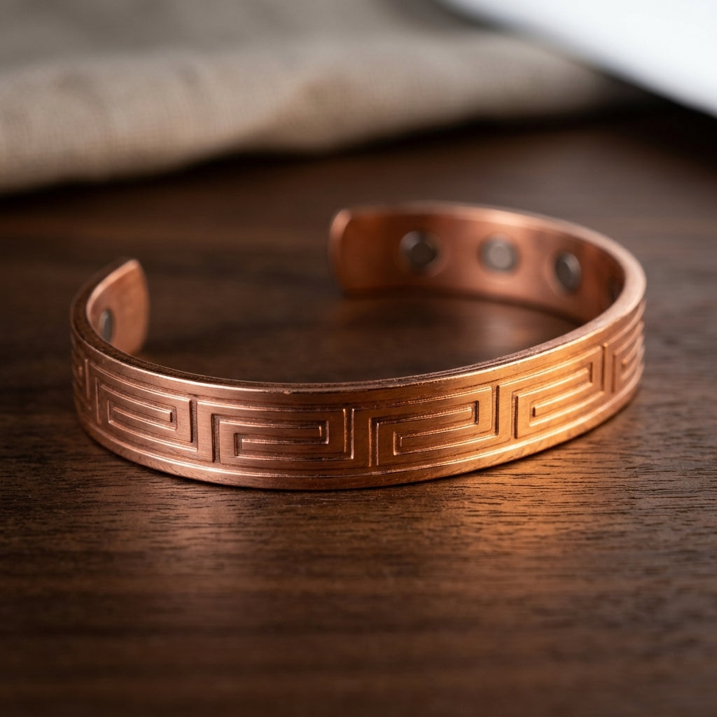 Greek Key Engraved Magnetic Copper Cuff Bracelet