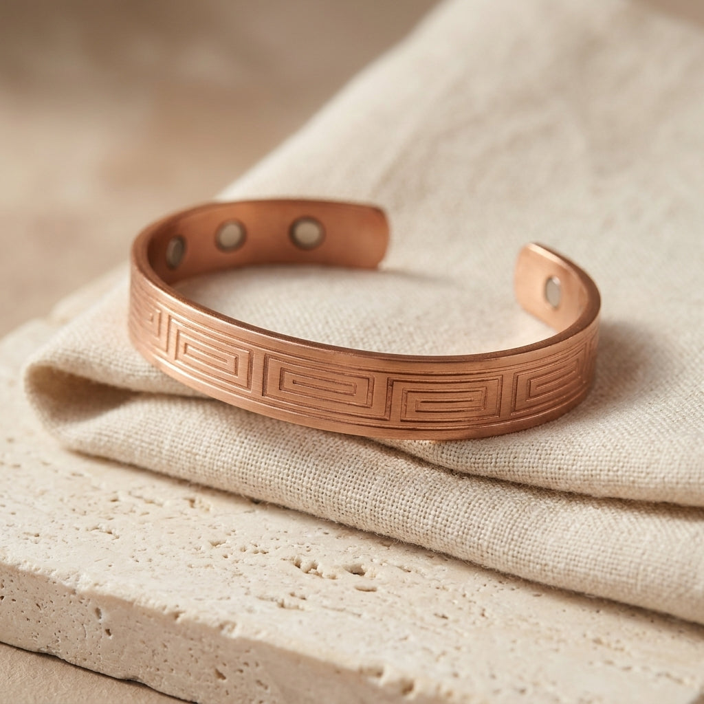Greek Key Engraved Magnetic Copper Cuff Bracelet