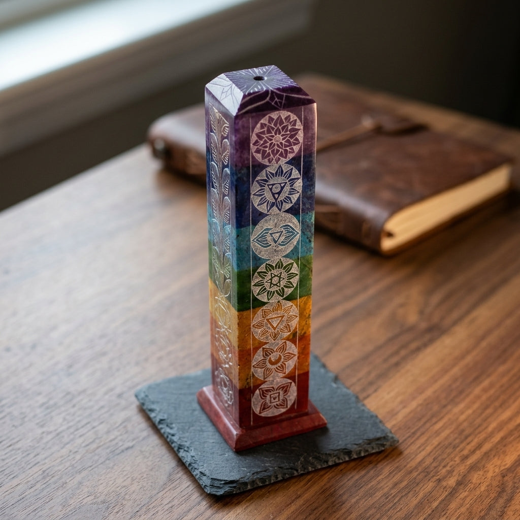 Handcrafted 7 Chakra Engraved Soapstone Multi-Incense Tower & Ash Catcher