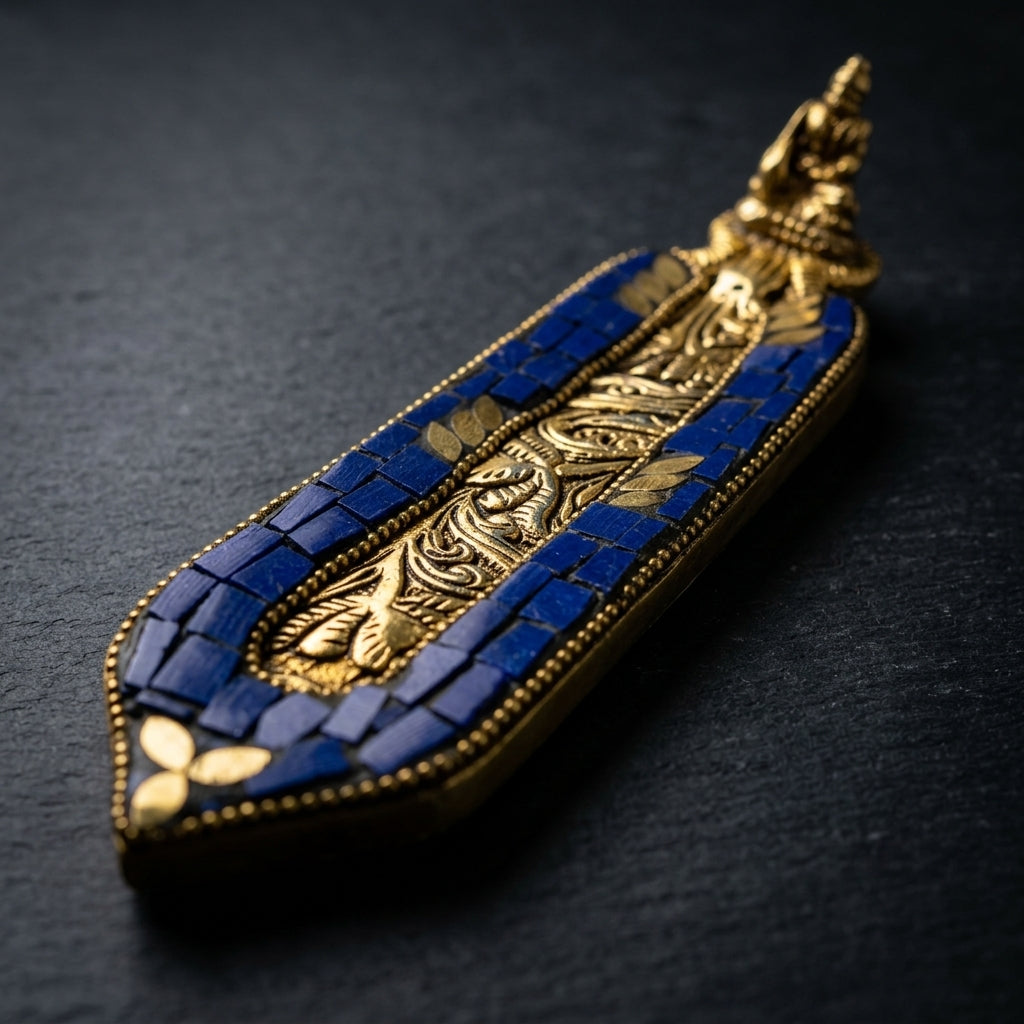 Mosaic Buddha Incense Boat Holder – Lapis Blue & Gold Sacred Decor