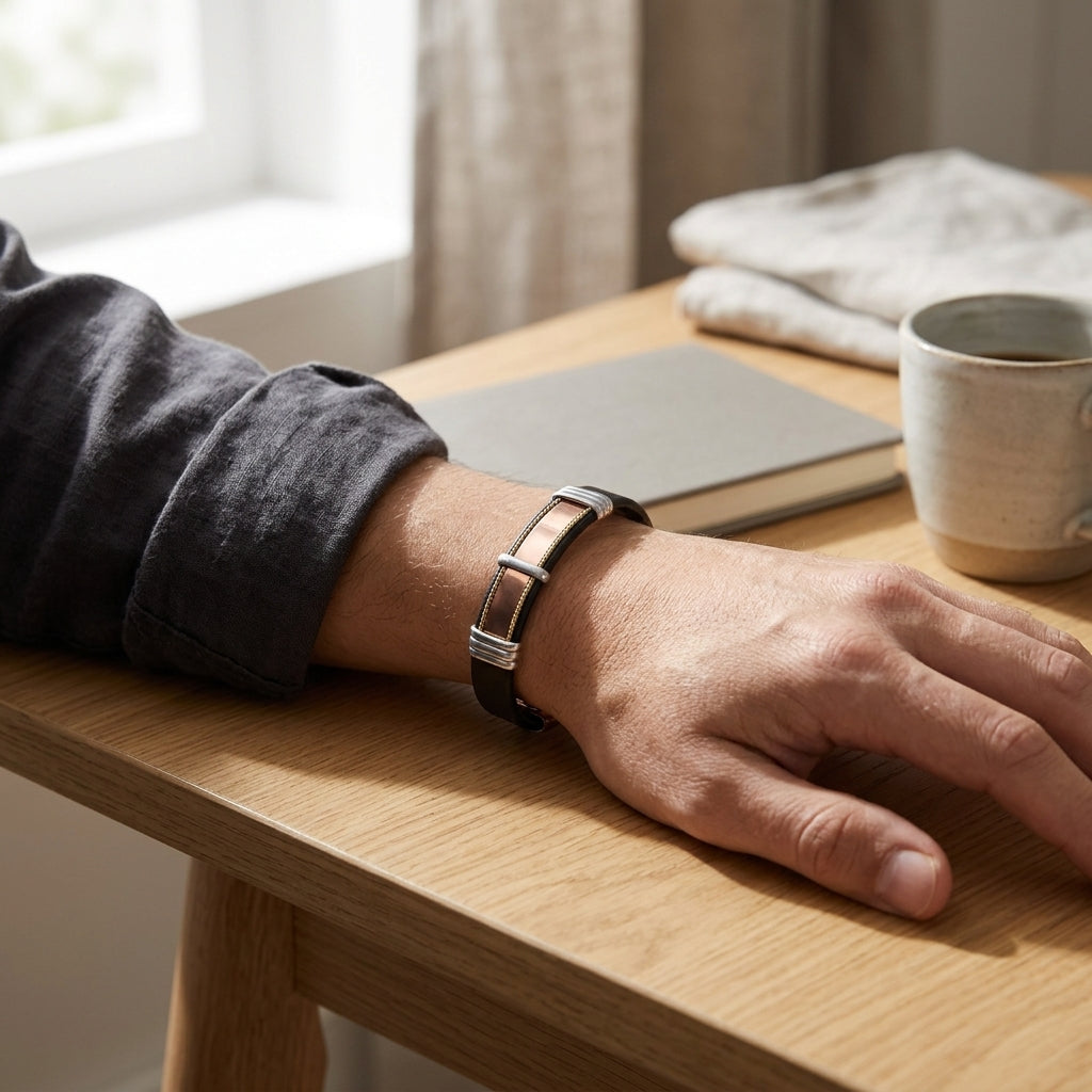 Artisan Copper & Leather Magnetic Cuff Bracelet