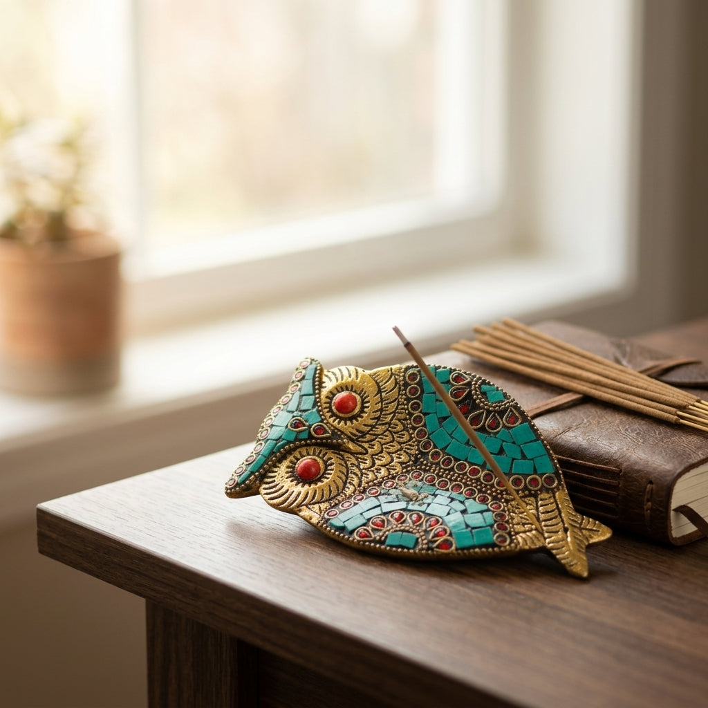 Jeweled Owl Incense Holder – Turquoise Mosaic & Coral Red Spiritual Decor