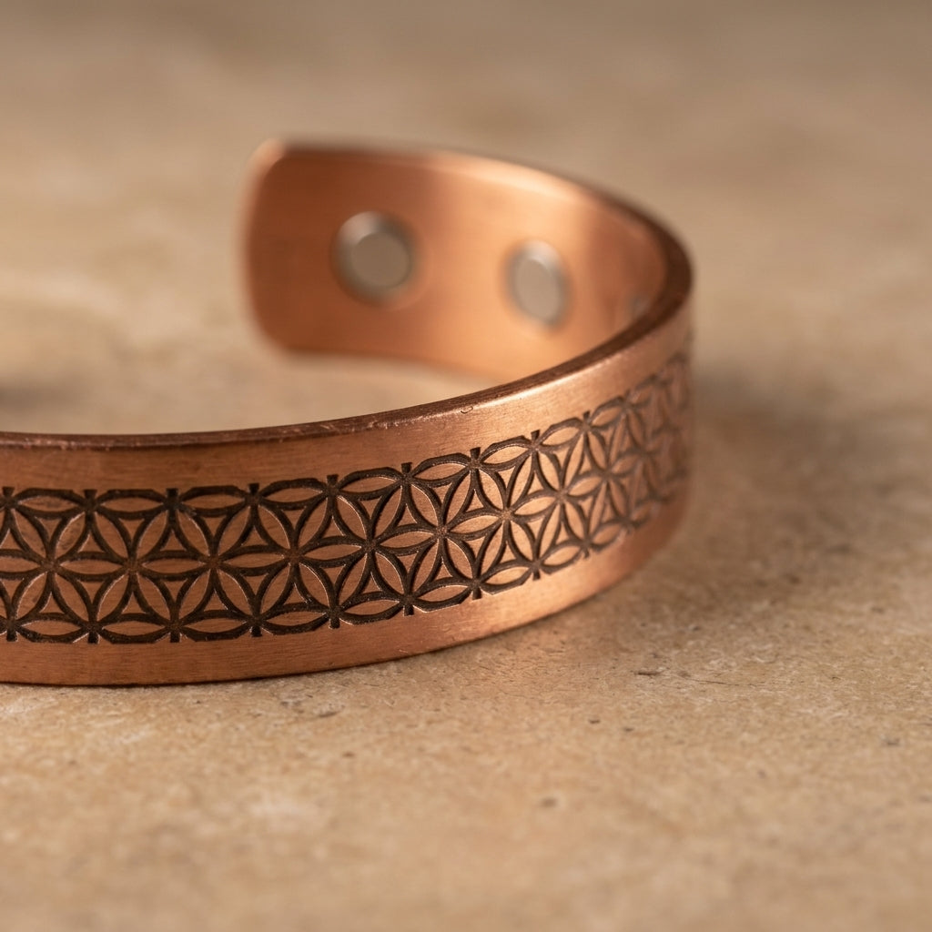 Flower of Life Engraved Magnetic Copper Cuff Bracelet