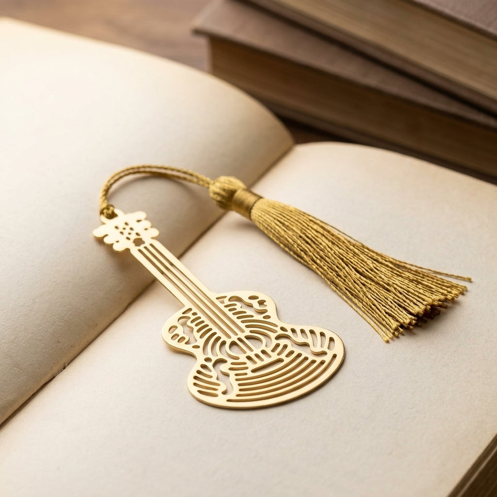 Elegant Gold Metal Guitar Bookmark with Tassel