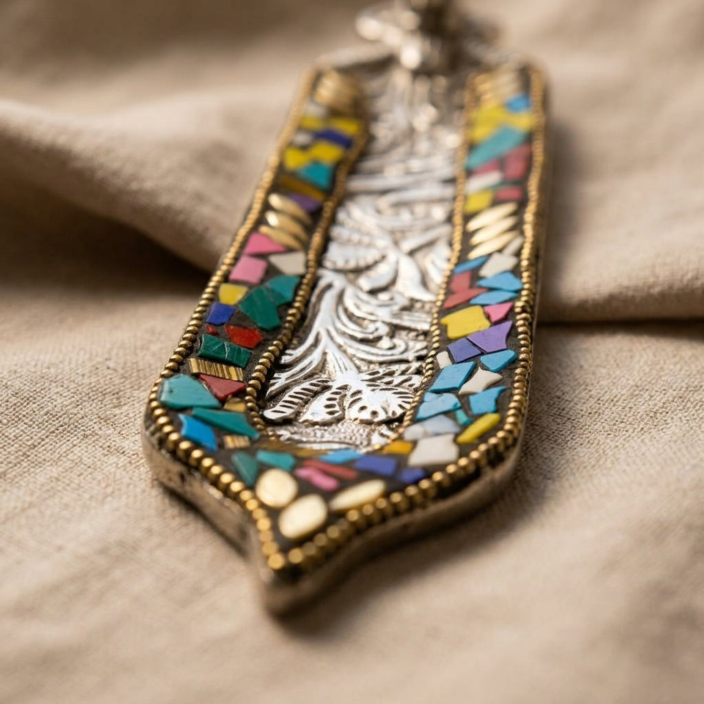 Royal Elephant Mosaic Incense Holder – Handcrafted Silver & Multi-Stone Burner