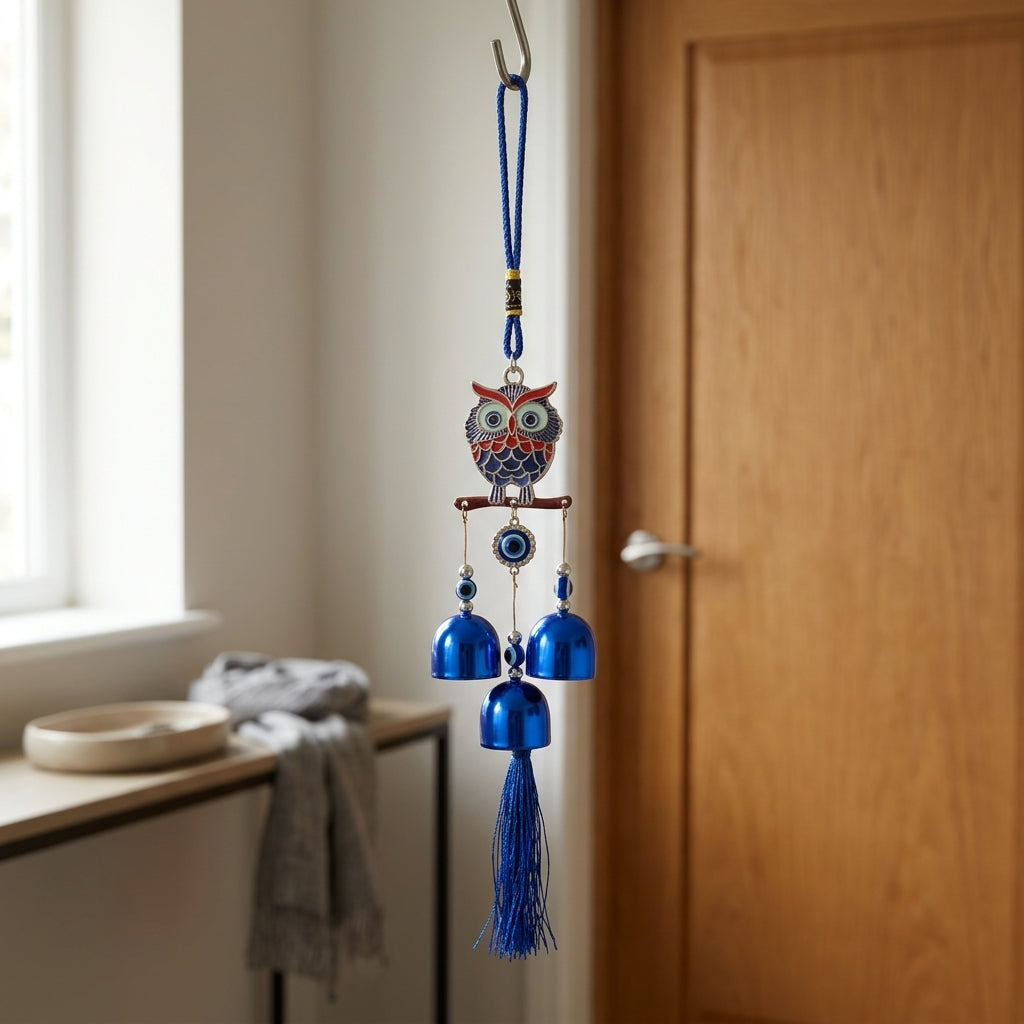 Wise Owl Enamel & Evil Eye Wall Hanging Wind Chime | Blue Metallic Bells & Tassel