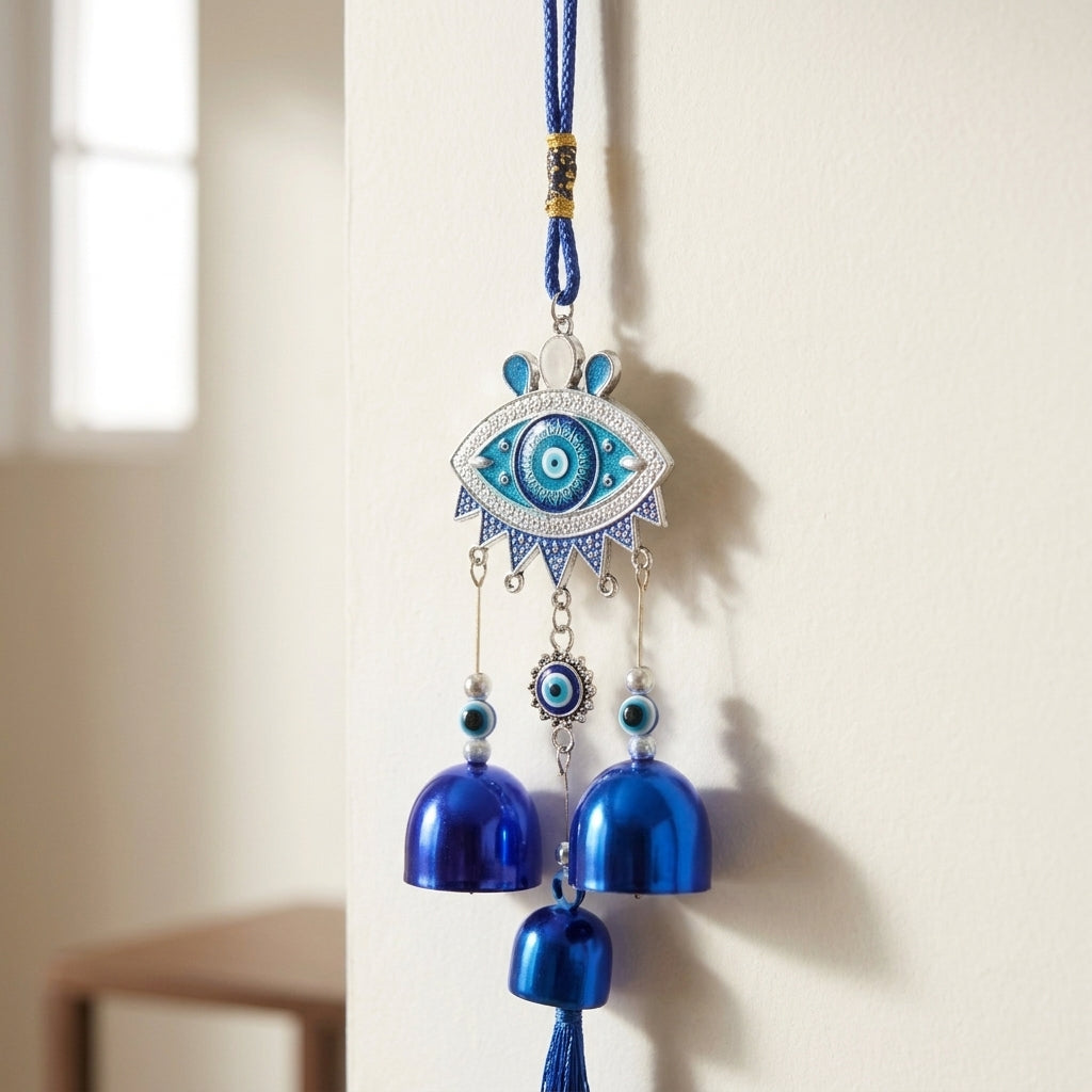 Boho Evil Eye Home Protection Wind Chime | Spiritual Wall Decor with Bells & Tassel