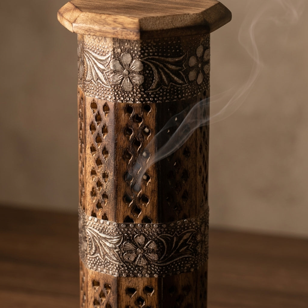 Handcrafted Wooden Incense Tower Burner with Floral Metal Inlays