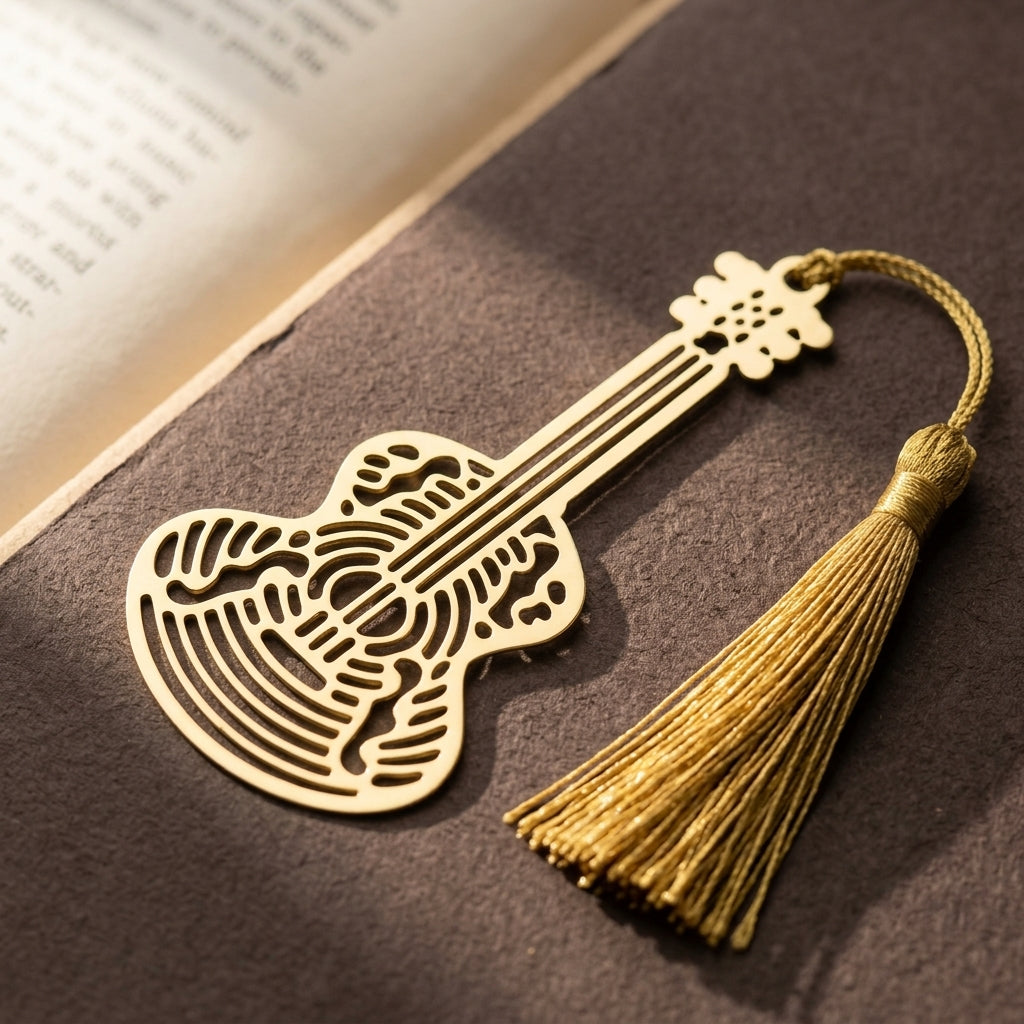 Elegant Gold Metal Guitar Bookmark with Tassel