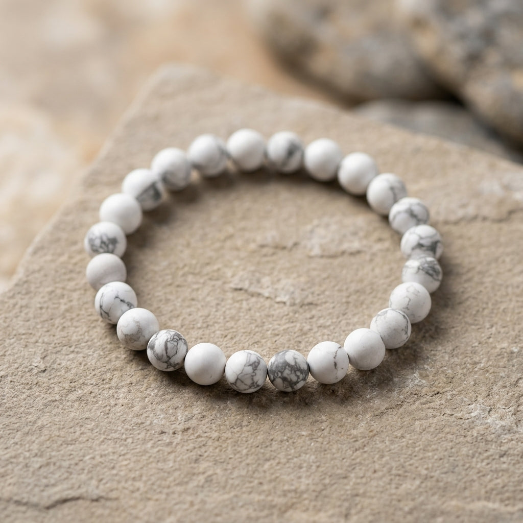Natural White Howlite Beaded Stretch Bracelet | Genuine White Turquoise Marble Gemstone Beads | Unisex Crystal Healing Jewelry for Anxiety Relief, Calm, & Crown Chakra