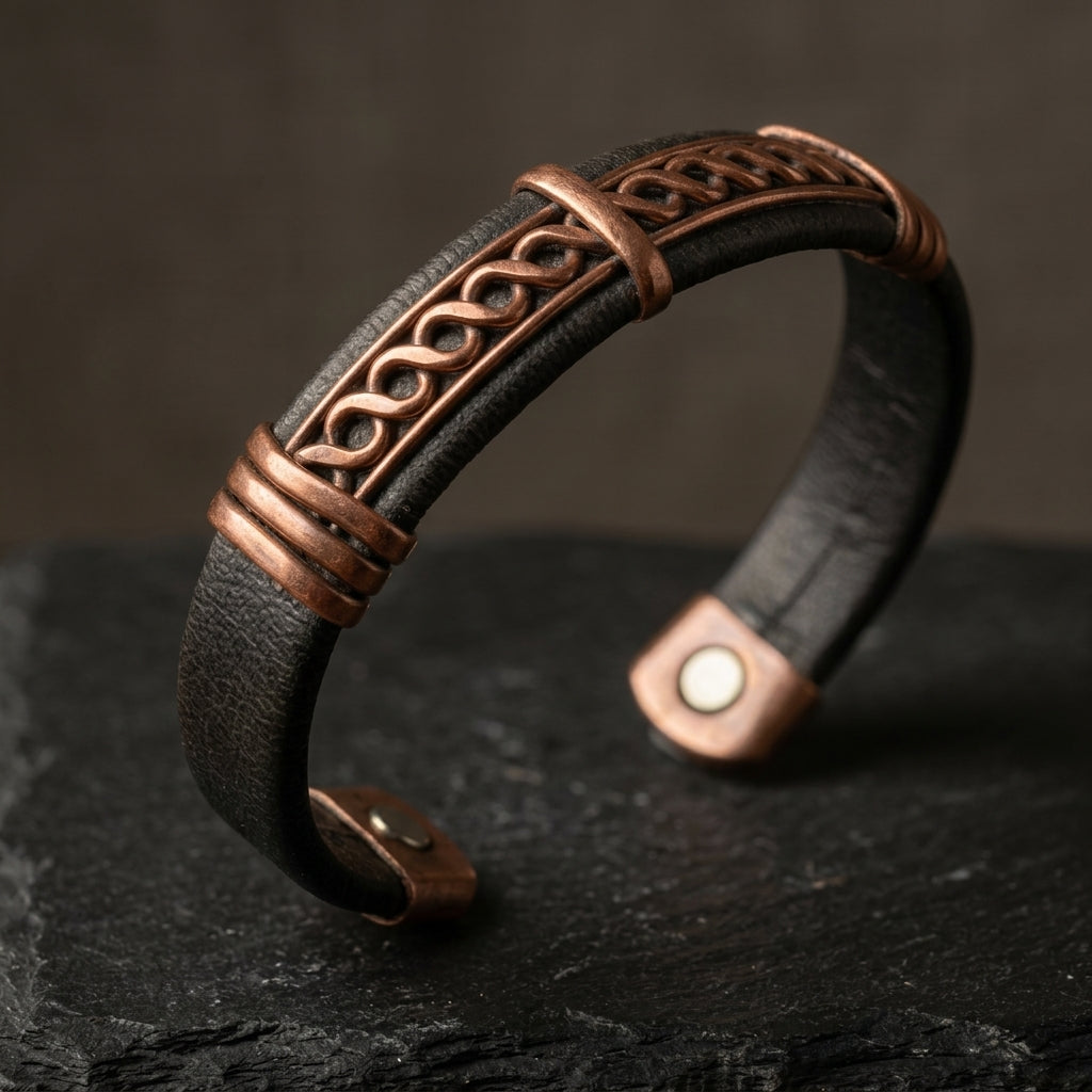Artisan Mixed Metal Copper & Leather Magnetic Cuff