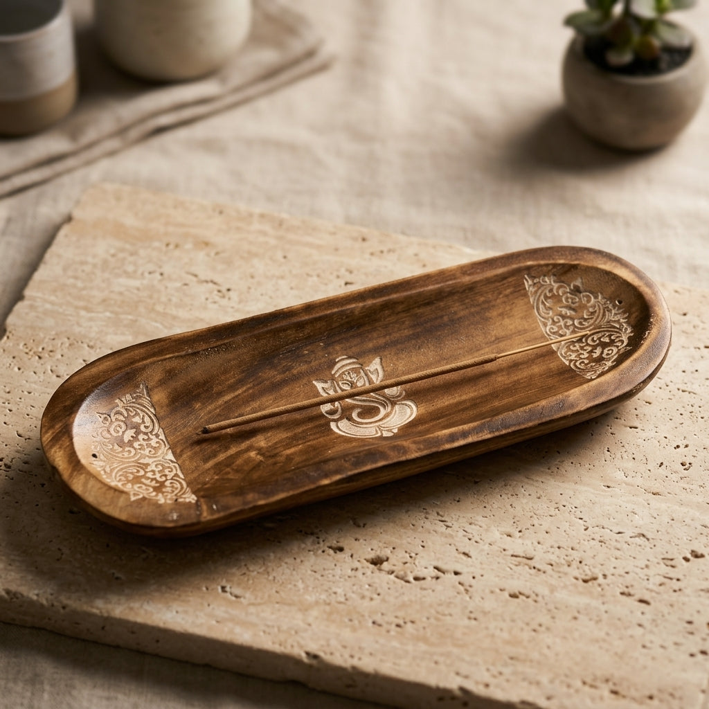 Handcrafted Ganesha Wooden Incense Holder Tray | Carved Wood Ash Catcher with White Embossed Floral Details