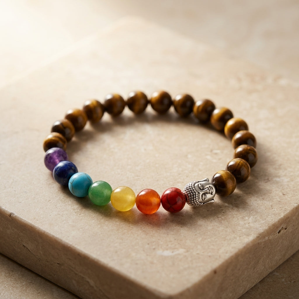 Natural Tiger's Eye 7 Chakra Buddha Bracelet | Genuine Healing Gemstone Beads with Silver Buddha Head | Unisex Spiritual Jewelry for Protection, Balance, & Mindful Yoga