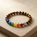 Natural Tiger's Eye 7 Chakra Buddha Bracelet | Genuine Healing Gemstone Beads with Silver Buddha Head | Unisex Spiritual Jewelry for Protection, Balance, & Mindful Yoga