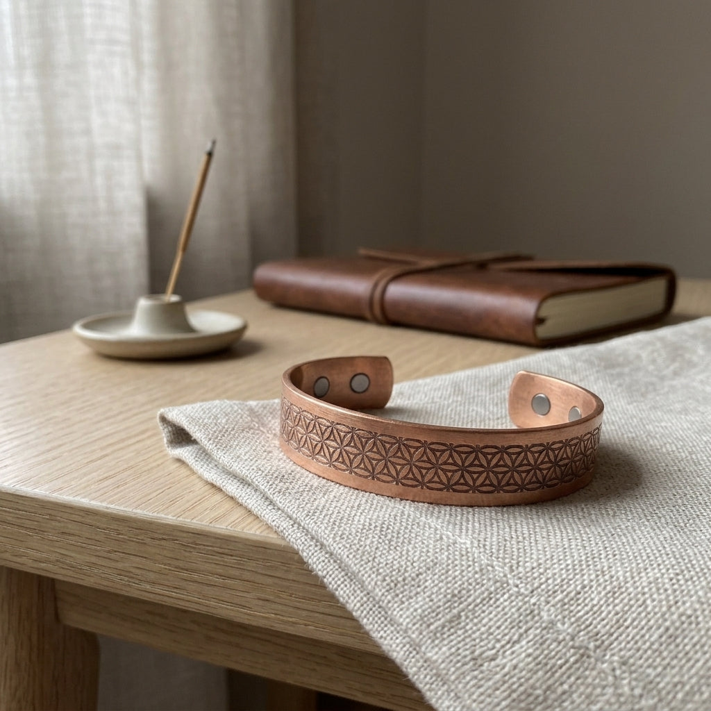 Flower of Life Engraved Magnetic Copper Cuff Bracelet