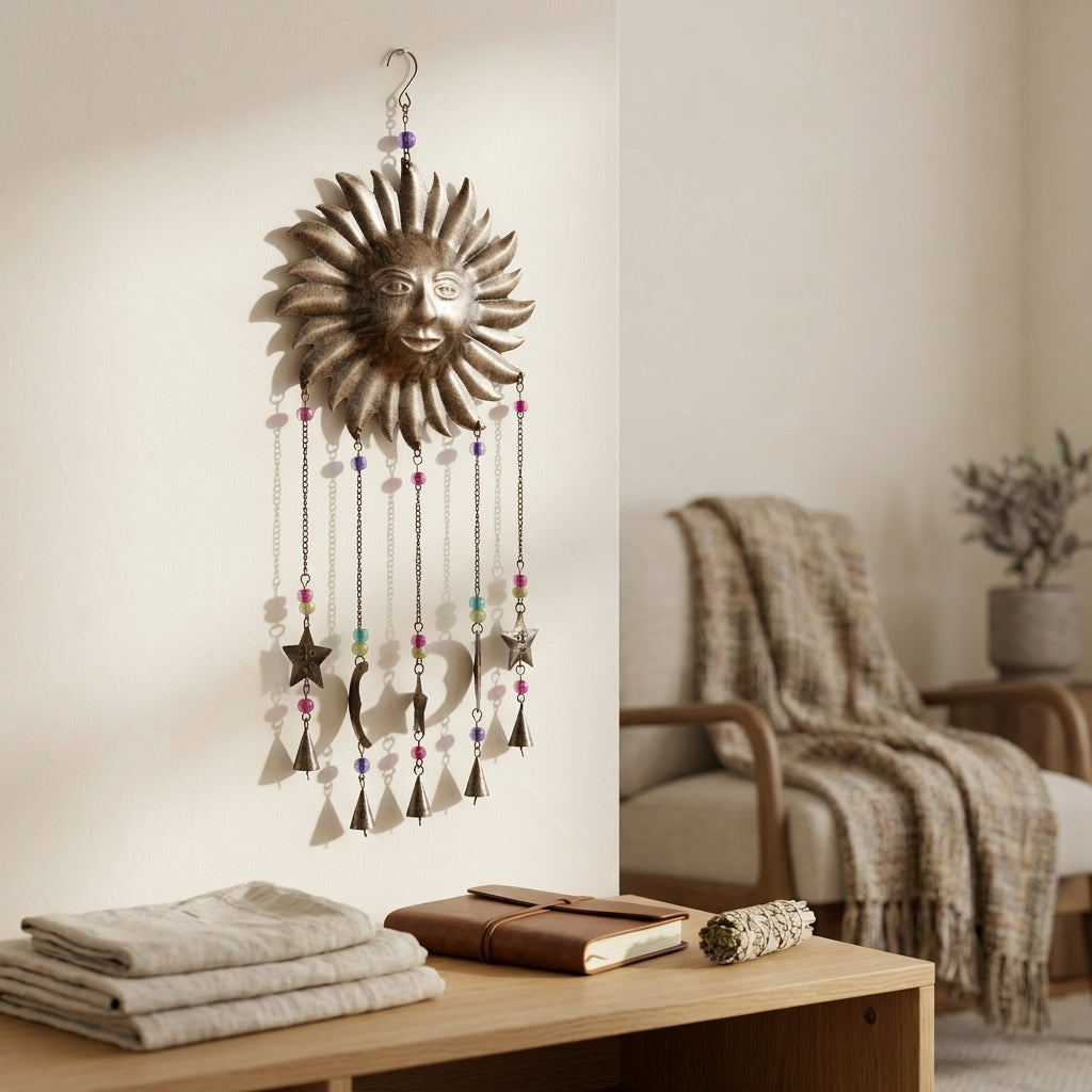 Boho Celestial Metal Wall Hanging Wind Chime with Bells | Indoor Outdoor Garden Decor