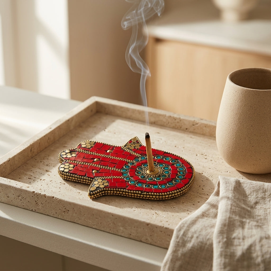 Mosaic Hamsa Hand Incense Holder – Red & Gold Sacred Protection Decor