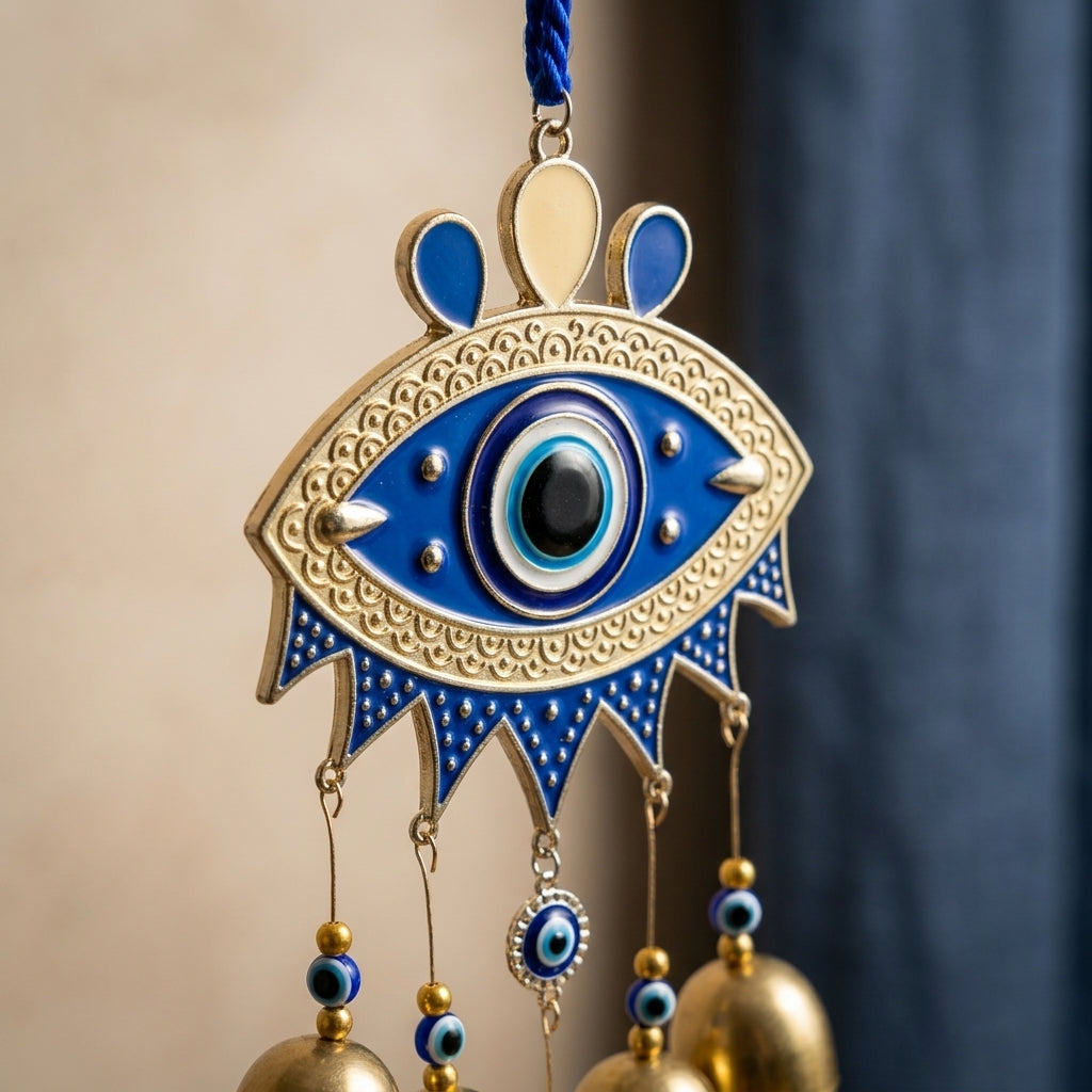 Evil Eye Wall Hanging Protection Amulet | Hanging Chime with Brass Bells & Blue Tassel