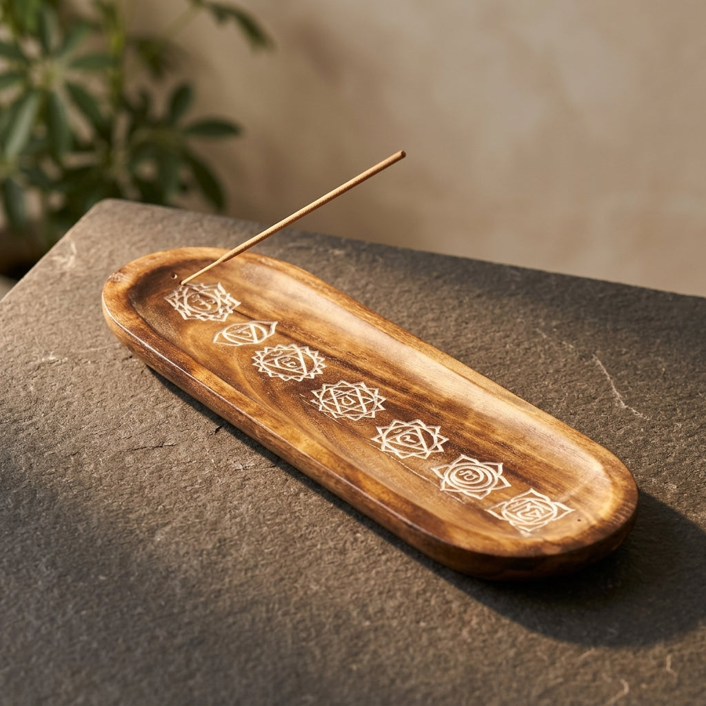 Handcarved 7 Chakra Symbols Wooden Incense Burner Tray | Dual Stick & Smudge Ash Catcher