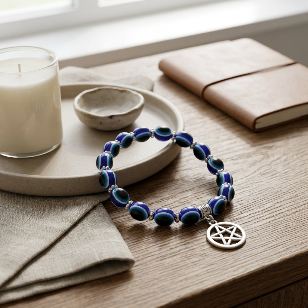 Handmade Blue Evil Eye & Pentacle Charm Beaded Bracelet | Wiccan, Pagan & Protection Jewelry
