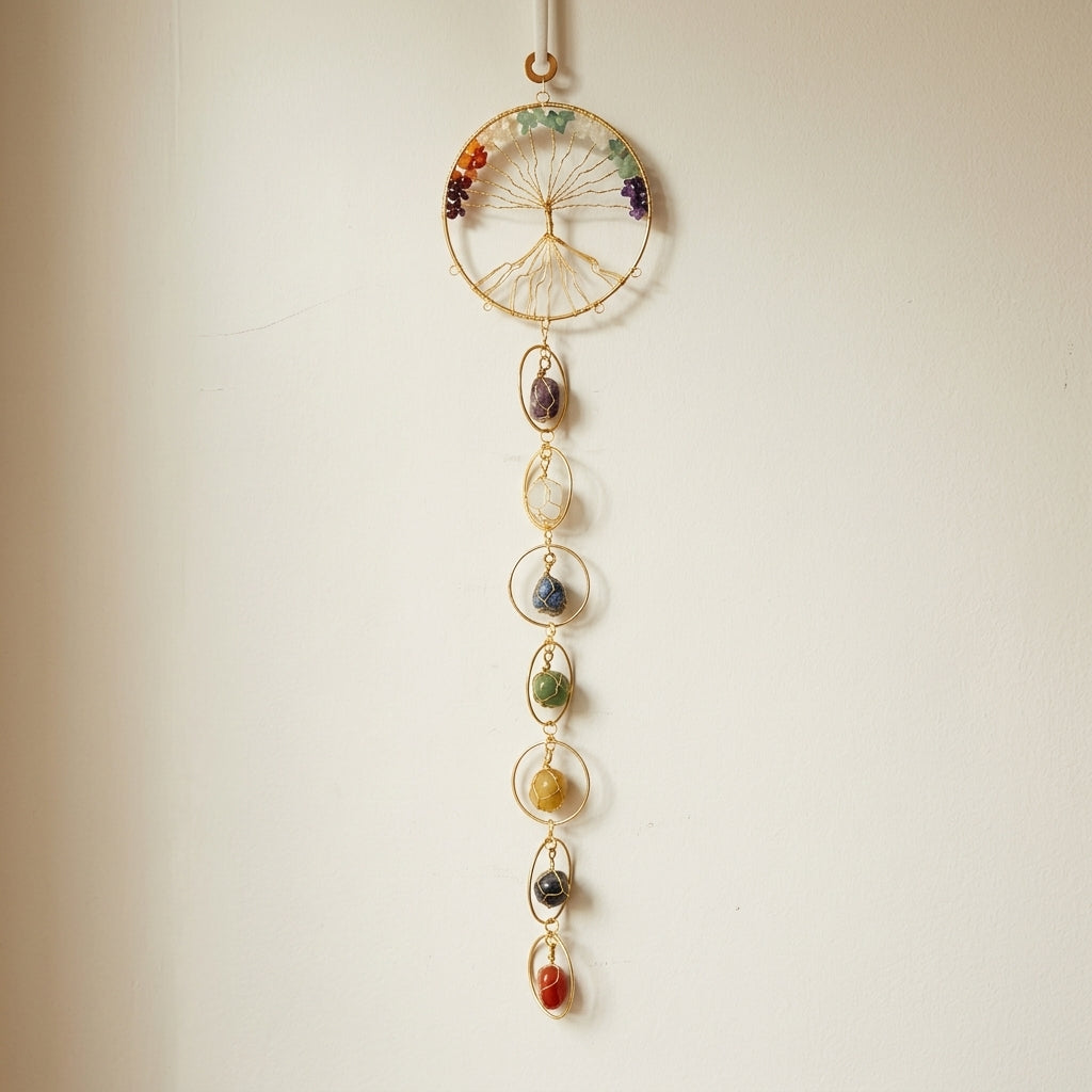7 Chakra Tree of Life & Raw Gemstone Orb Wall Hanging