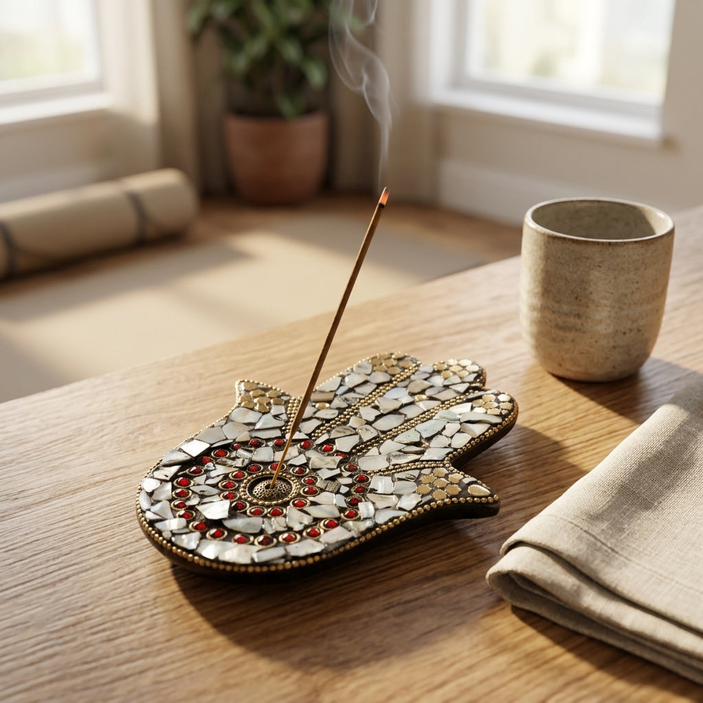 Mosaic Hamsa Hand Incense Holder – Mother of Pearl & Gold Spiritual Decor