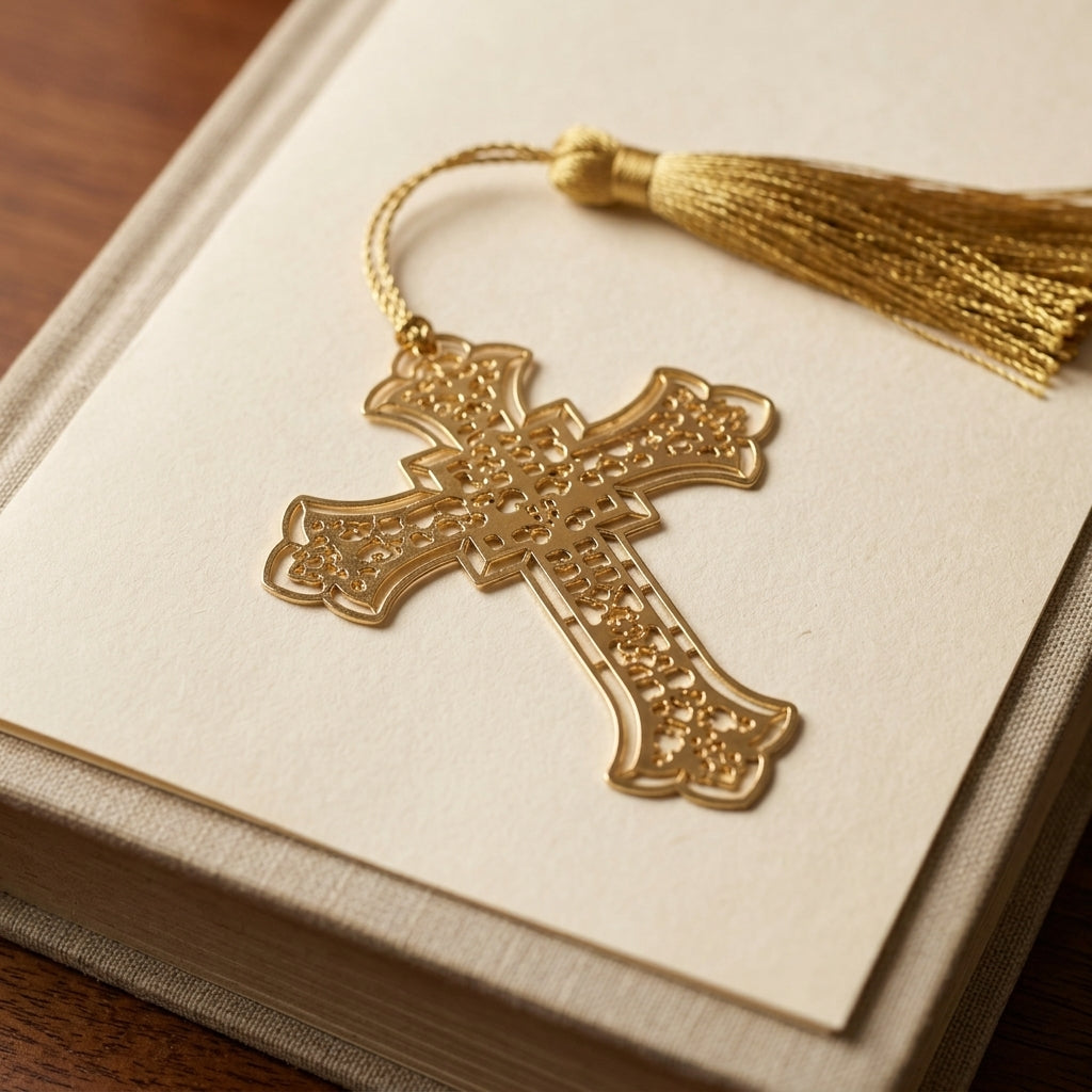 Elegant Gold Metal Cross Bookmark with Tassel