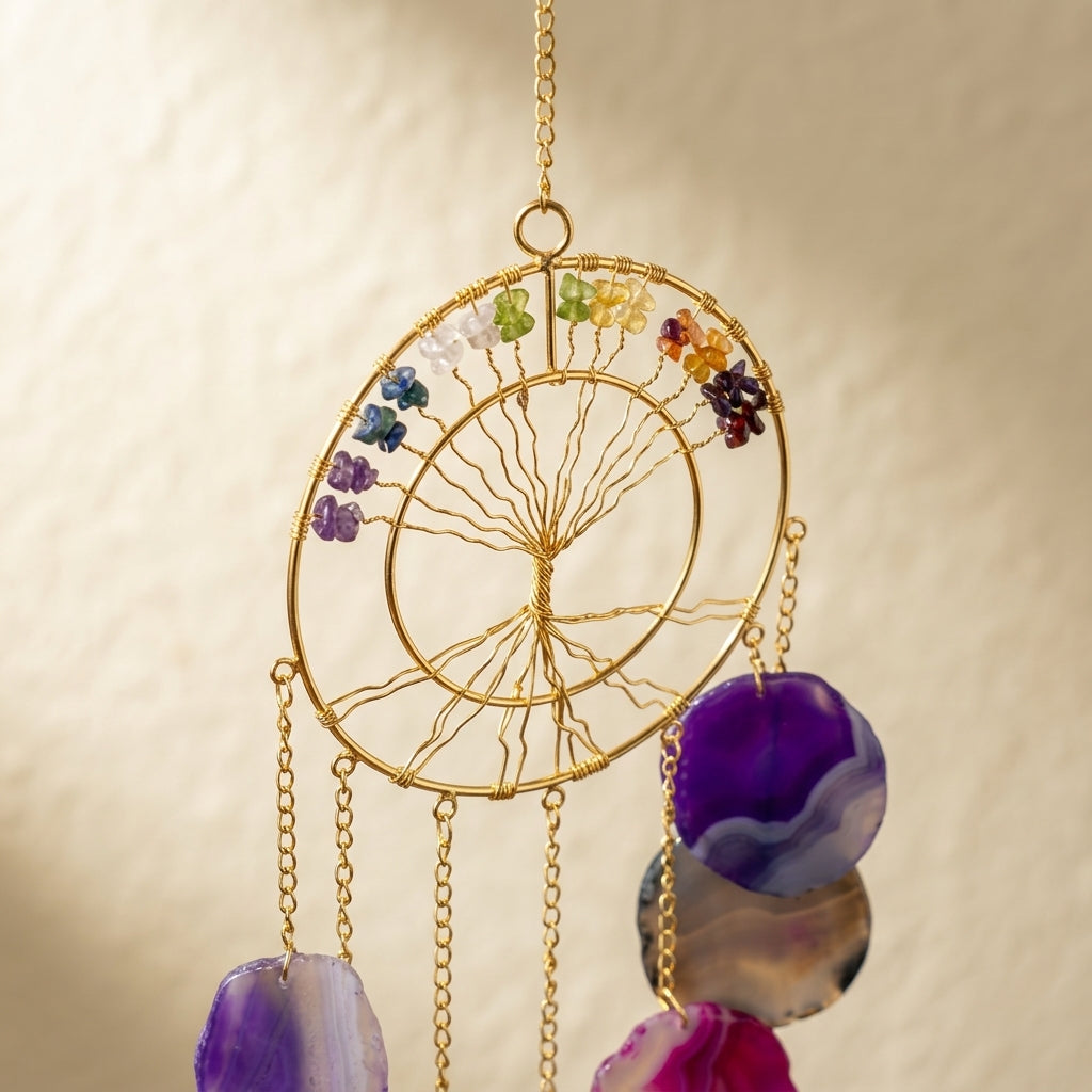 Ethereal 7 Chakra Tree of Life & Cascading Agate Slice Wall Mobile