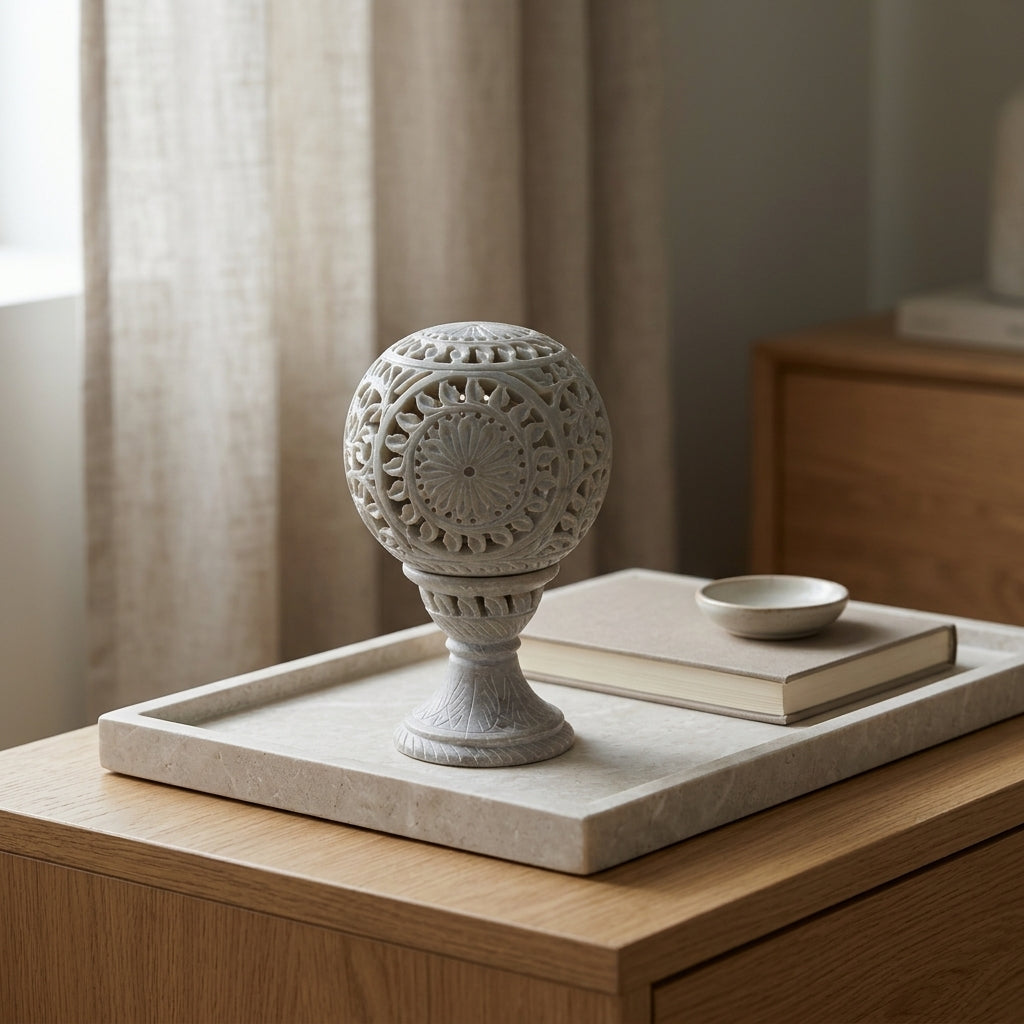 Handcrafted Carved Soapstone Globe Incense & Tea Light Holder